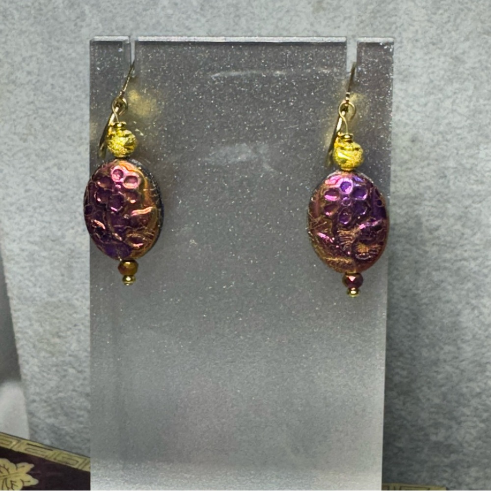 Artisan Gold and Purple Czech Glass Dangle Earrings - Picture 5 of 5